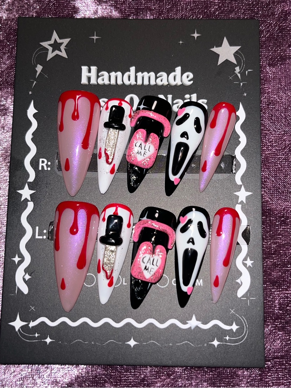 Handmade Pink and Black Horror-Themed Press-On Nail Set